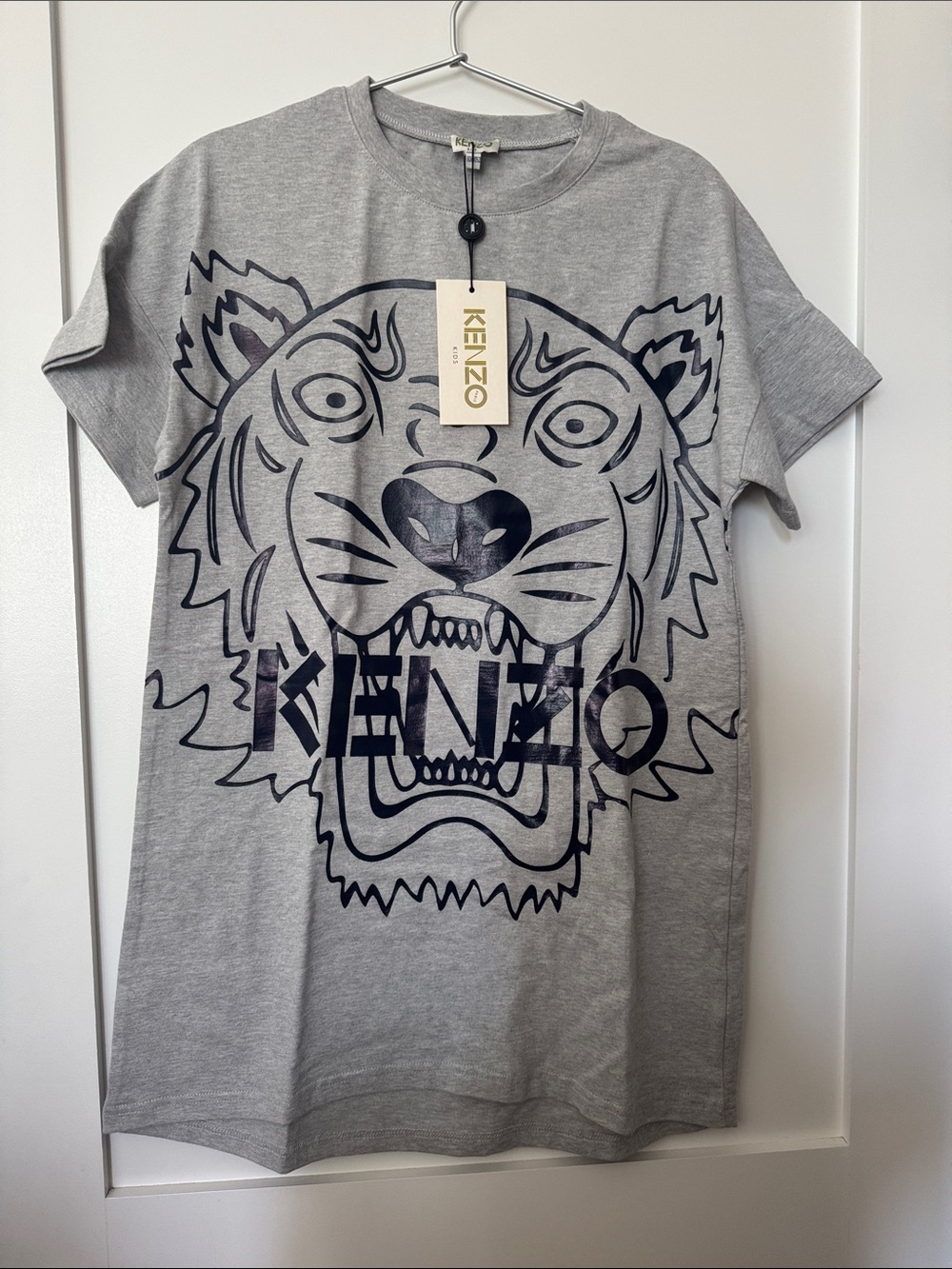 Kenzo Kids Light Grey Tee Dress with Navy Tiger Graphic